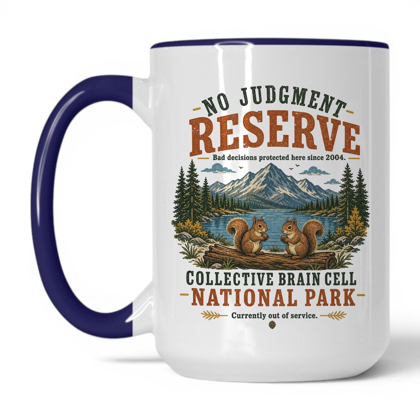 No Judgment Reserve Mug – 15oz White/Midnight Blue Mug