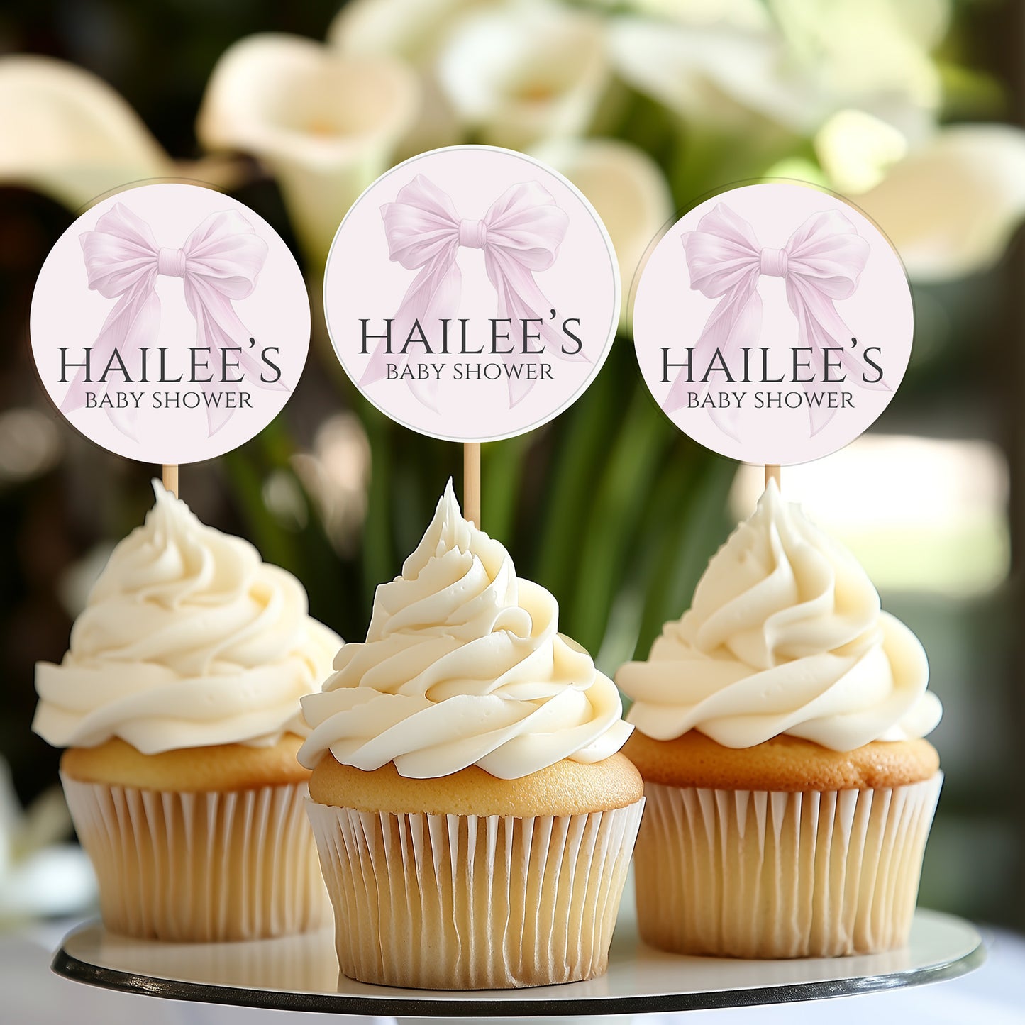 Editable Elegant Pink Bow Baby Shower Cupcake Topper Canva Template