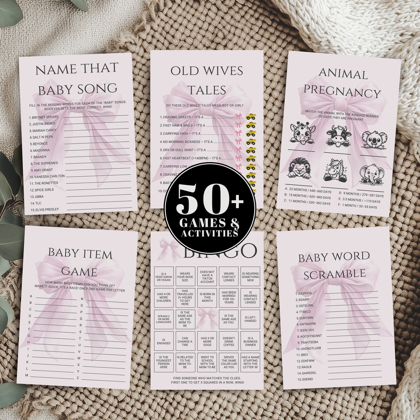 Editable Elegant Pink Bow Baby Shower Game Bundle Canva Template