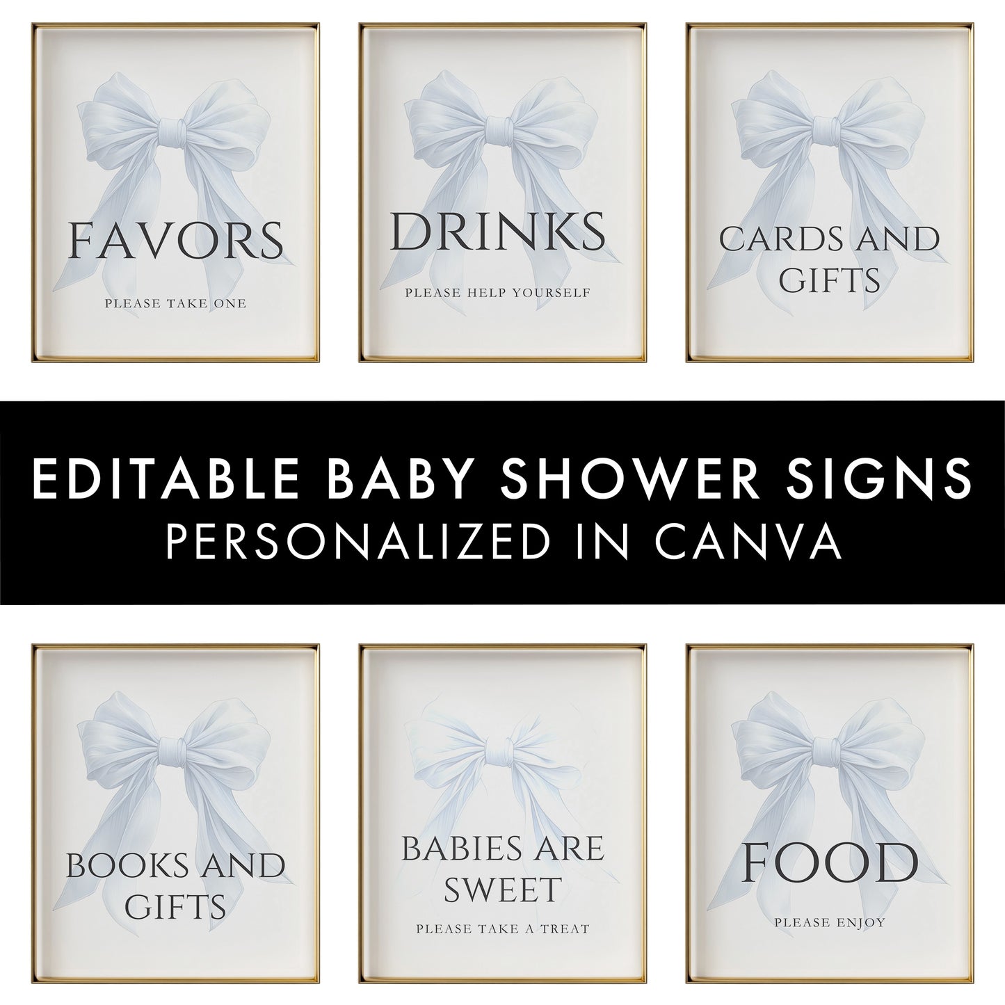 Editable Elegant White Bow Baby Shower Sign Bundle Canva Template