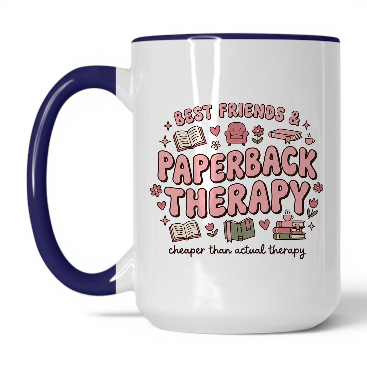Best Friends & Paperback Therapy doodle 15oz White Midnight Blue coffee mug