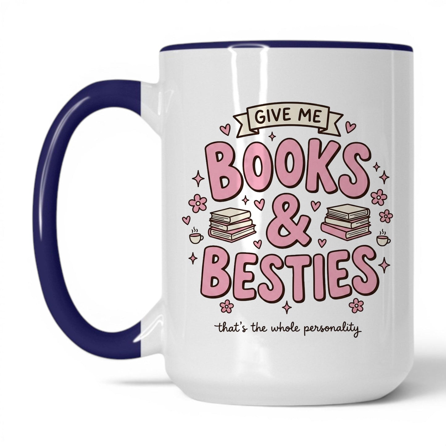 Books & Besties doodle 15oz White Midnight Blue coffee mug