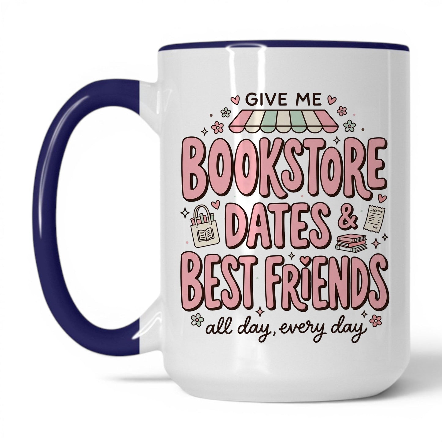 Bookstore Dates & Best Friends doodle 15oz White Midnight Blue coffee mug