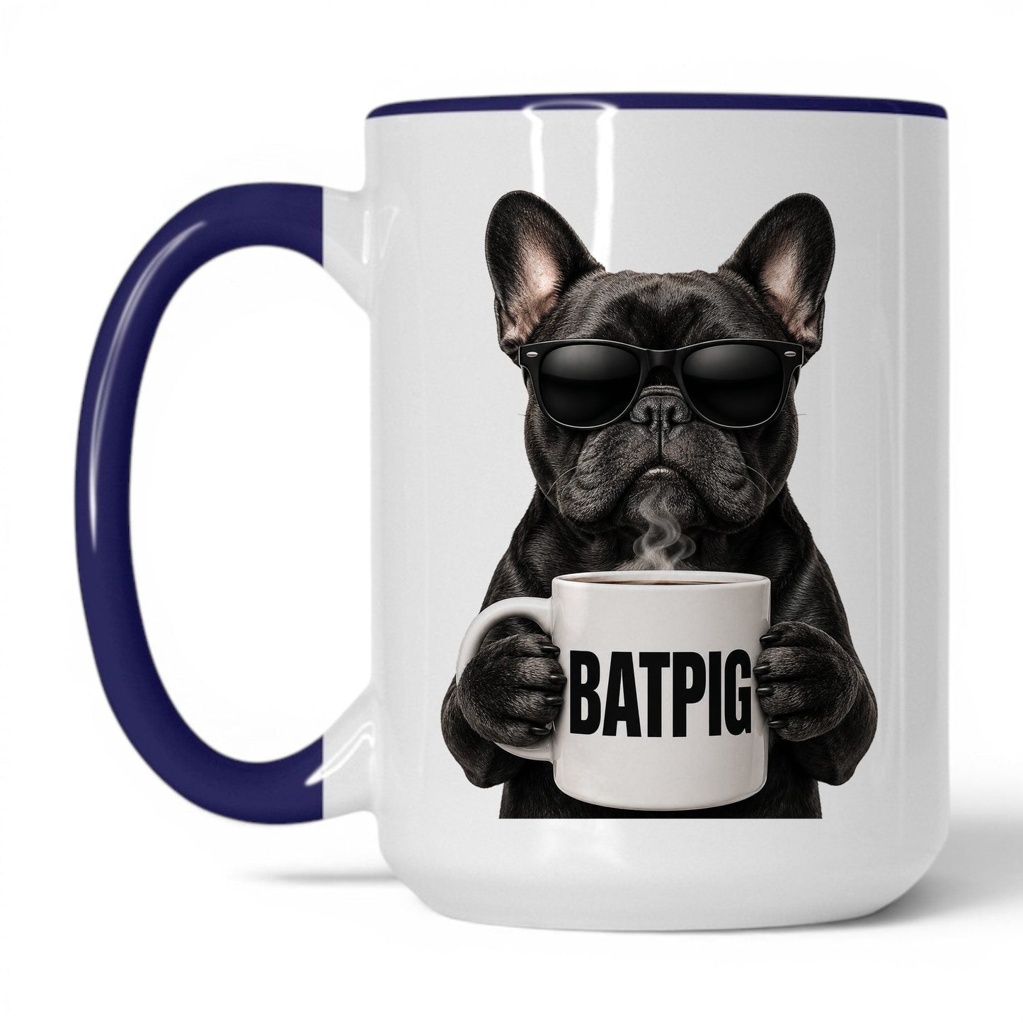 French Bulldog Batpig coffee mug — 15oz White Midnight Blue