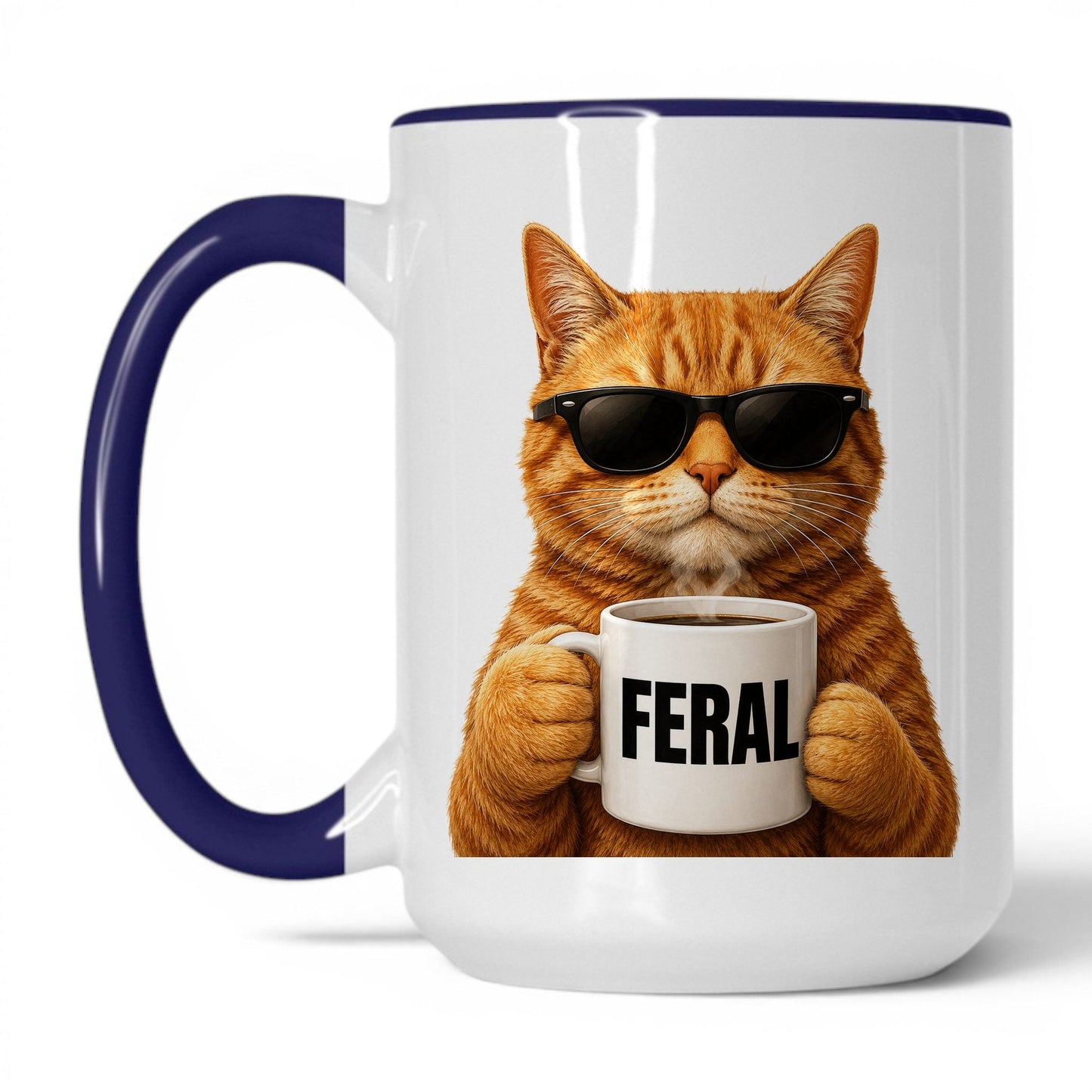Orange Cat Feral coffee mug — 15oz White Midnight Blue