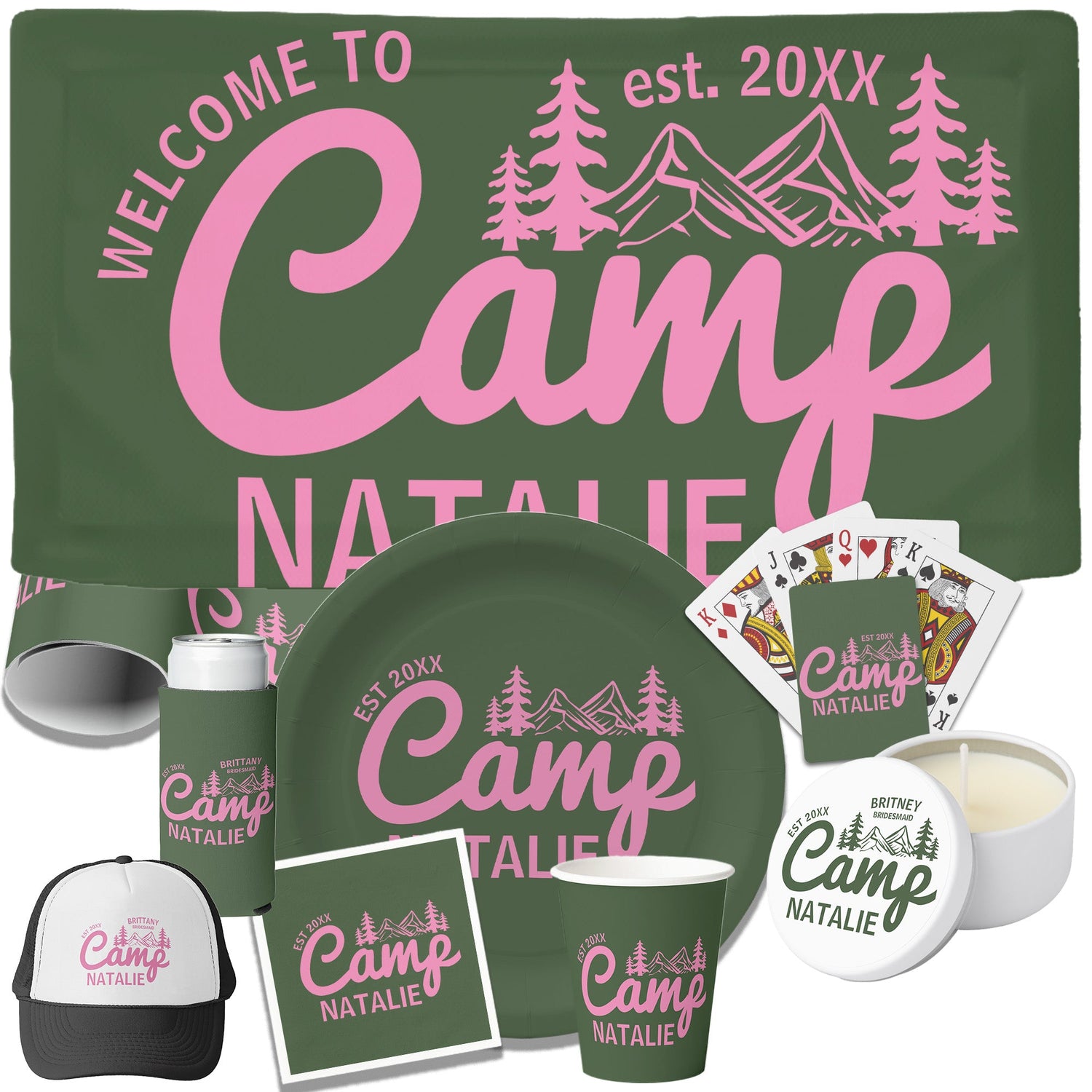 Personalized Pink Camp Bachelorette Party Supplies