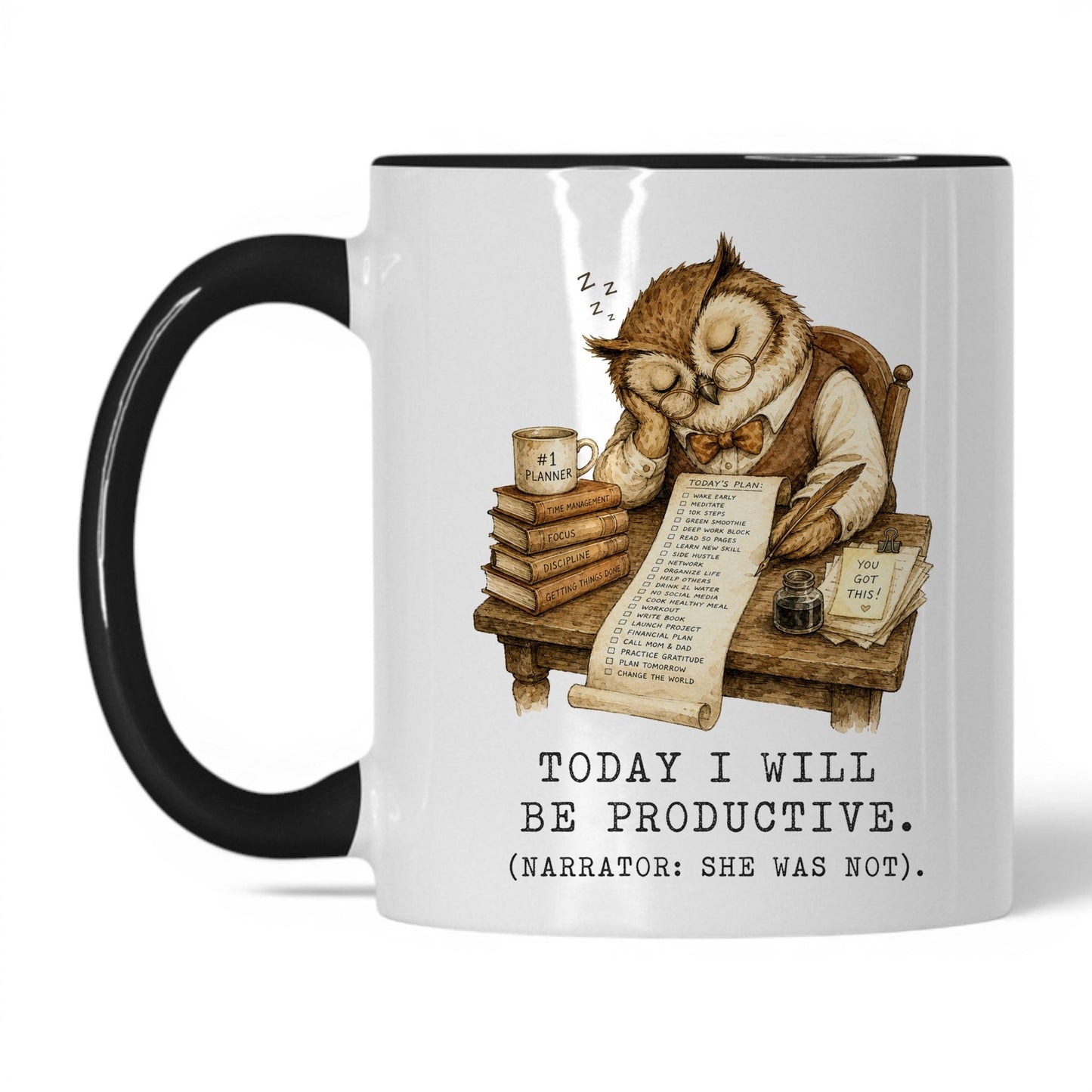 Today I Will Be Productive Owl Mug – 11oz White Black Mug