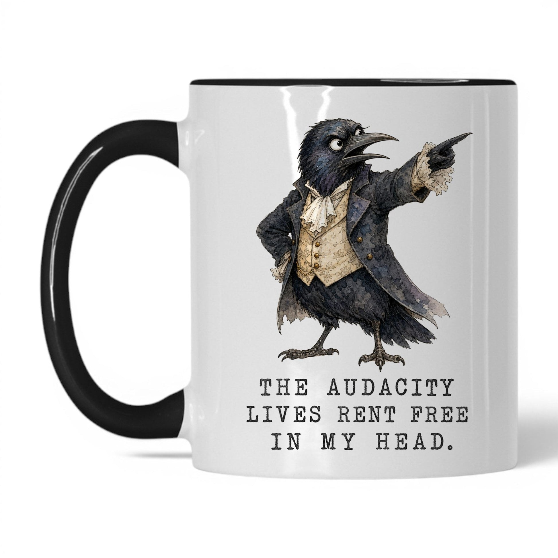 Audacity Lives Rent Free Crow Mug – 11oz White/Black Mug