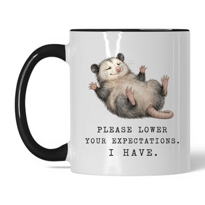 Lower Your Expectations Opossum Mug – 11oz White Black Mug