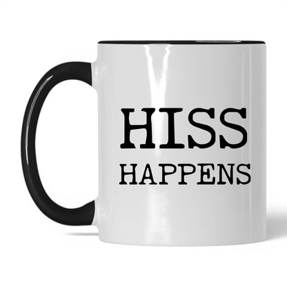 Hiss Happens 11oz white and black coffee mug