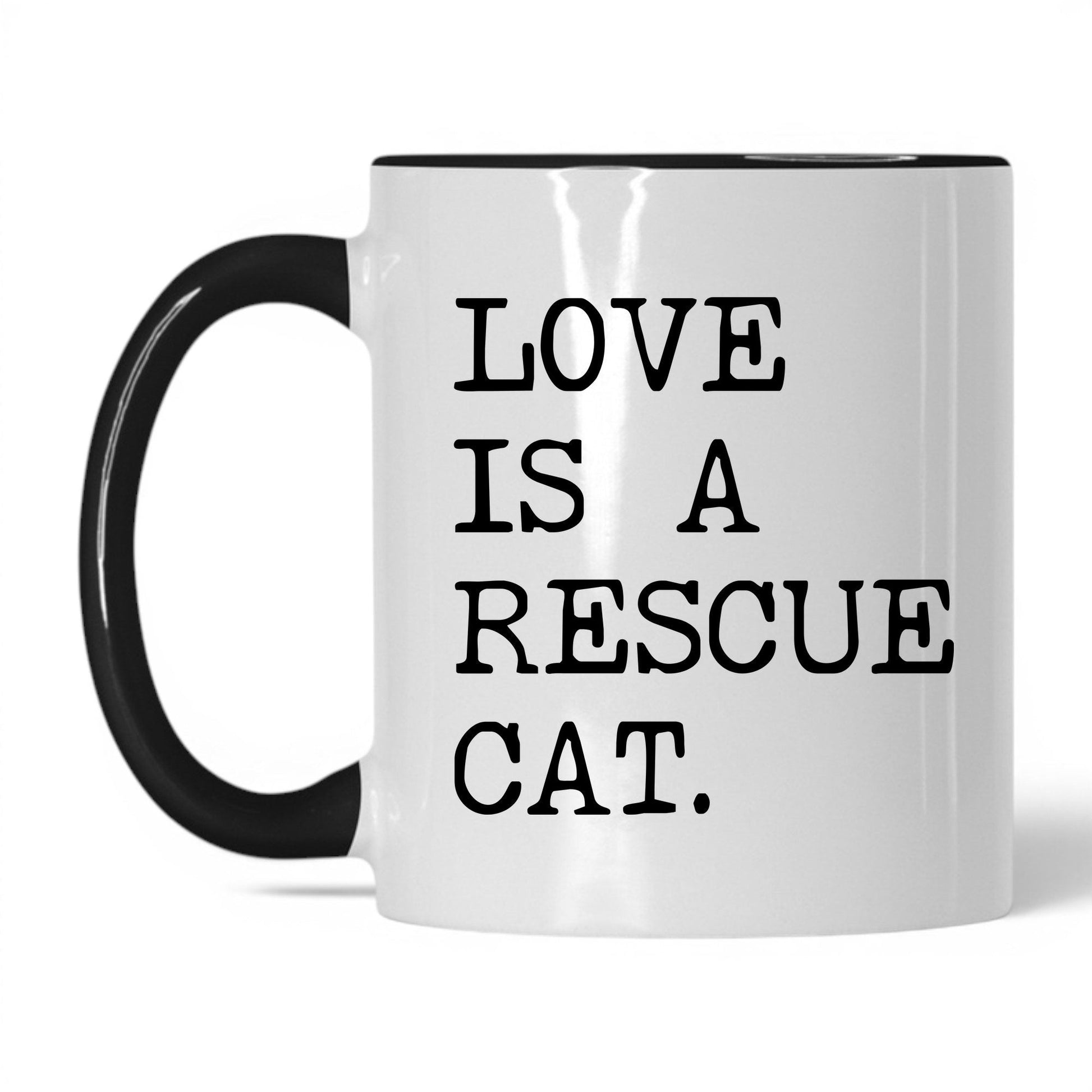 Love Is a Rescue Cat 11oz white and black coffee mug