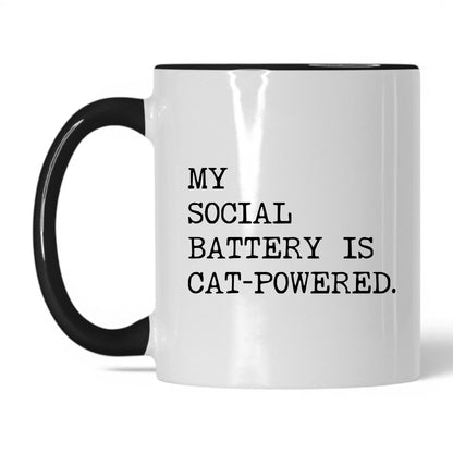 My Social Battery Is Cat-Powered 11oz white and black coffee mug