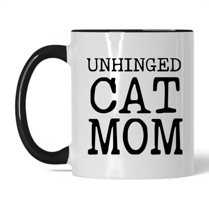 Unhinged Cat Mom 11oz white and black coffee mug