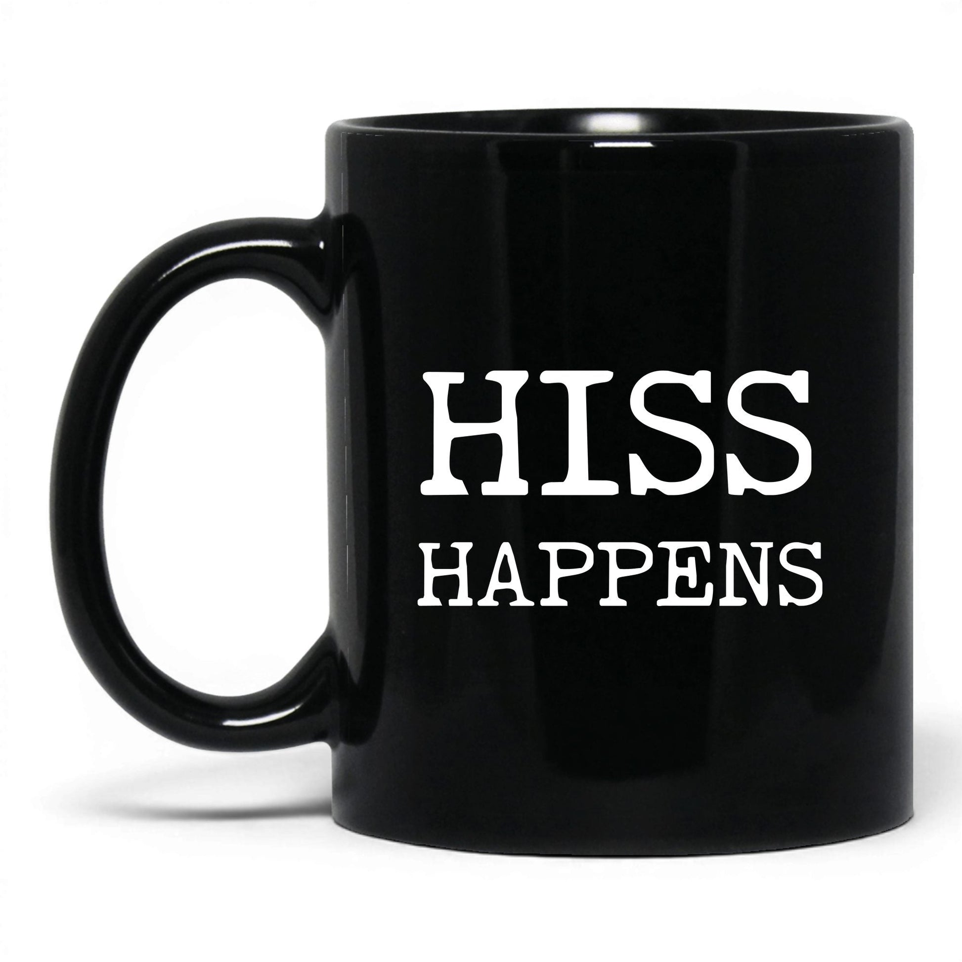 Hiss Happens 11oz black coffee mug