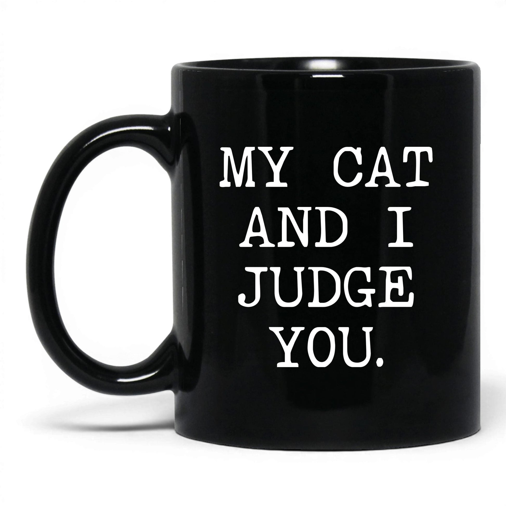 My Cat and I Judge You 11oz black coffee mug