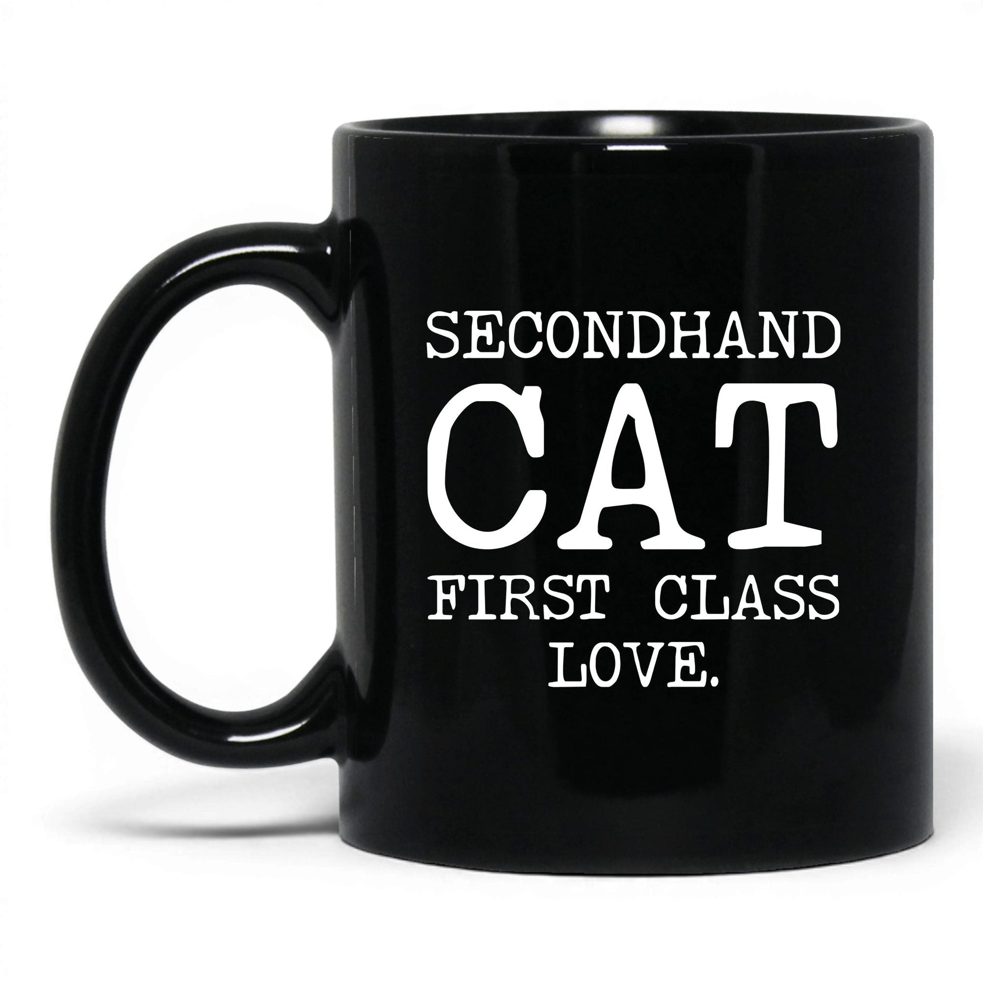 Secondhand Cat First Class Love 11oz black coffee mug