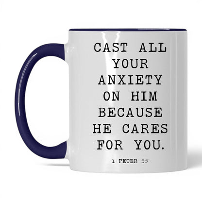 Cast Your Anxiety on Him Mug – 11oz White/Red Mug
