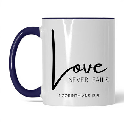 Love Never Fails Mug – 11oz White/Red Mug