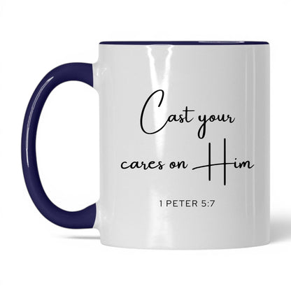 Cast Your Cares on Him Mug – 11oz White/Red Mug