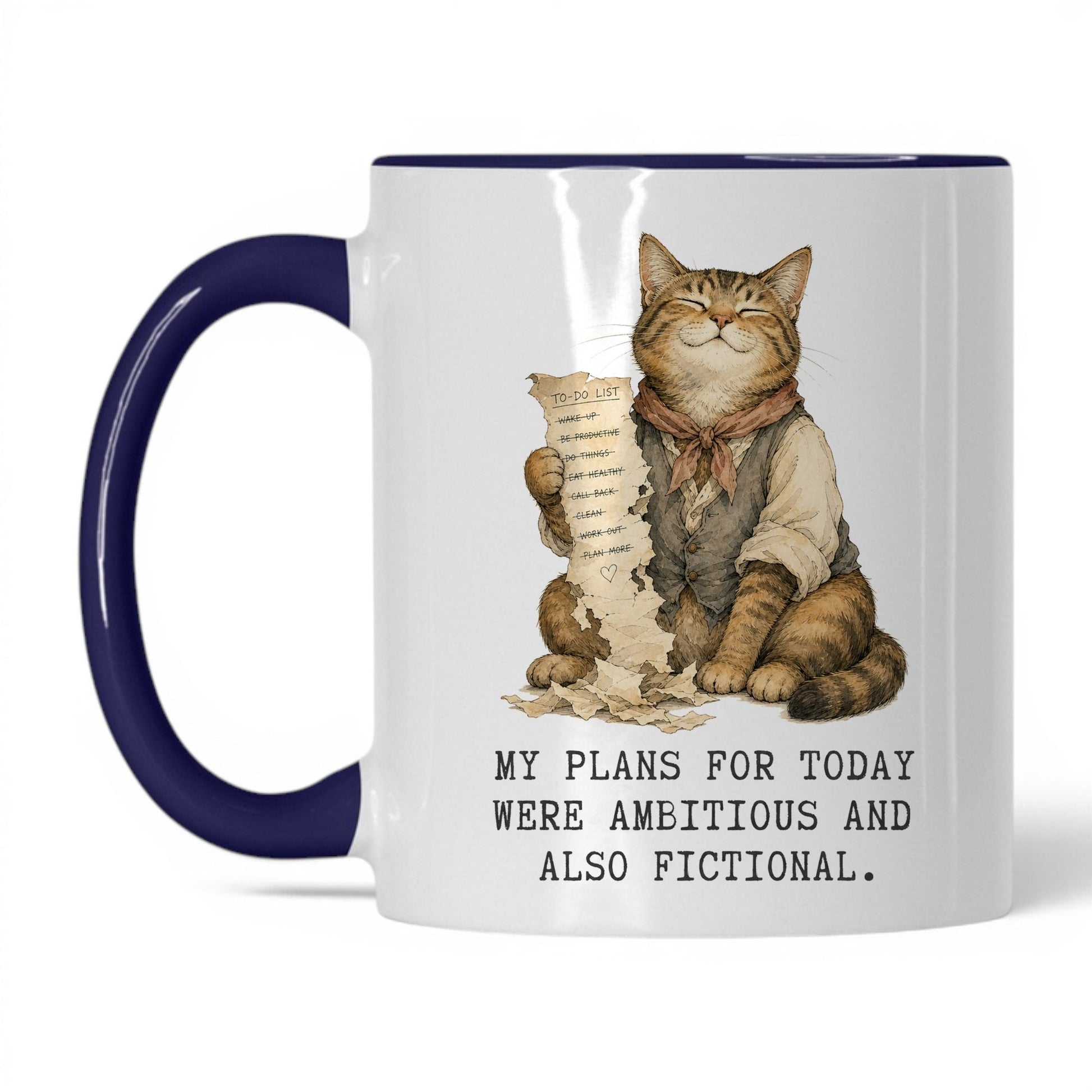 Ambitious and Fictional Plans Cat Mug – 11oz White Midnight Blue Mug
