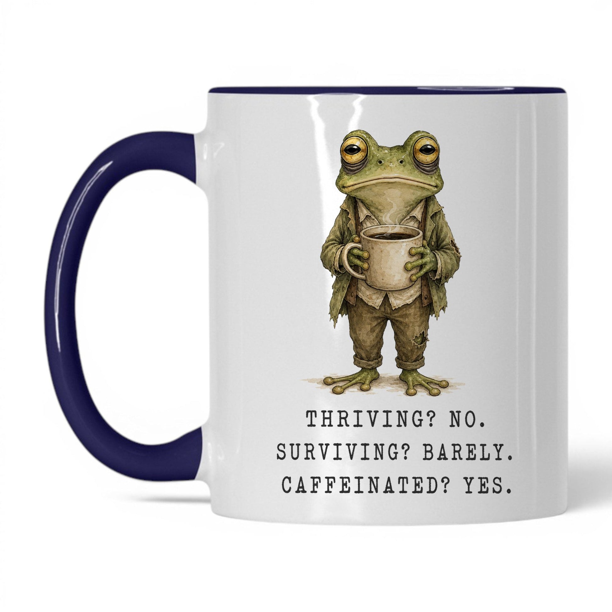 Surviving and Caffeinated Frog Mug – 11oz White Midnight Blue Mug