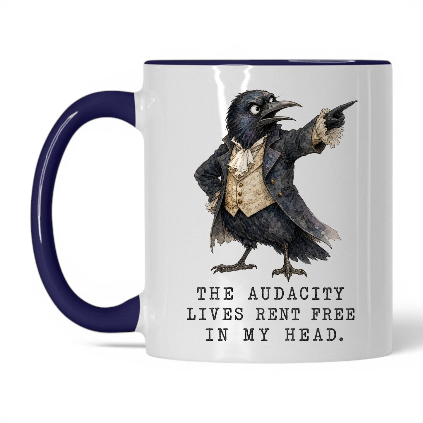 Audacity Lives Rent Free Crow Mug – 11oz White/Midnight Blue Mug