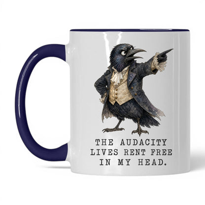 Audacity Lives Rent Free Crow Mug – 11oz White/Midnight Blue Mug