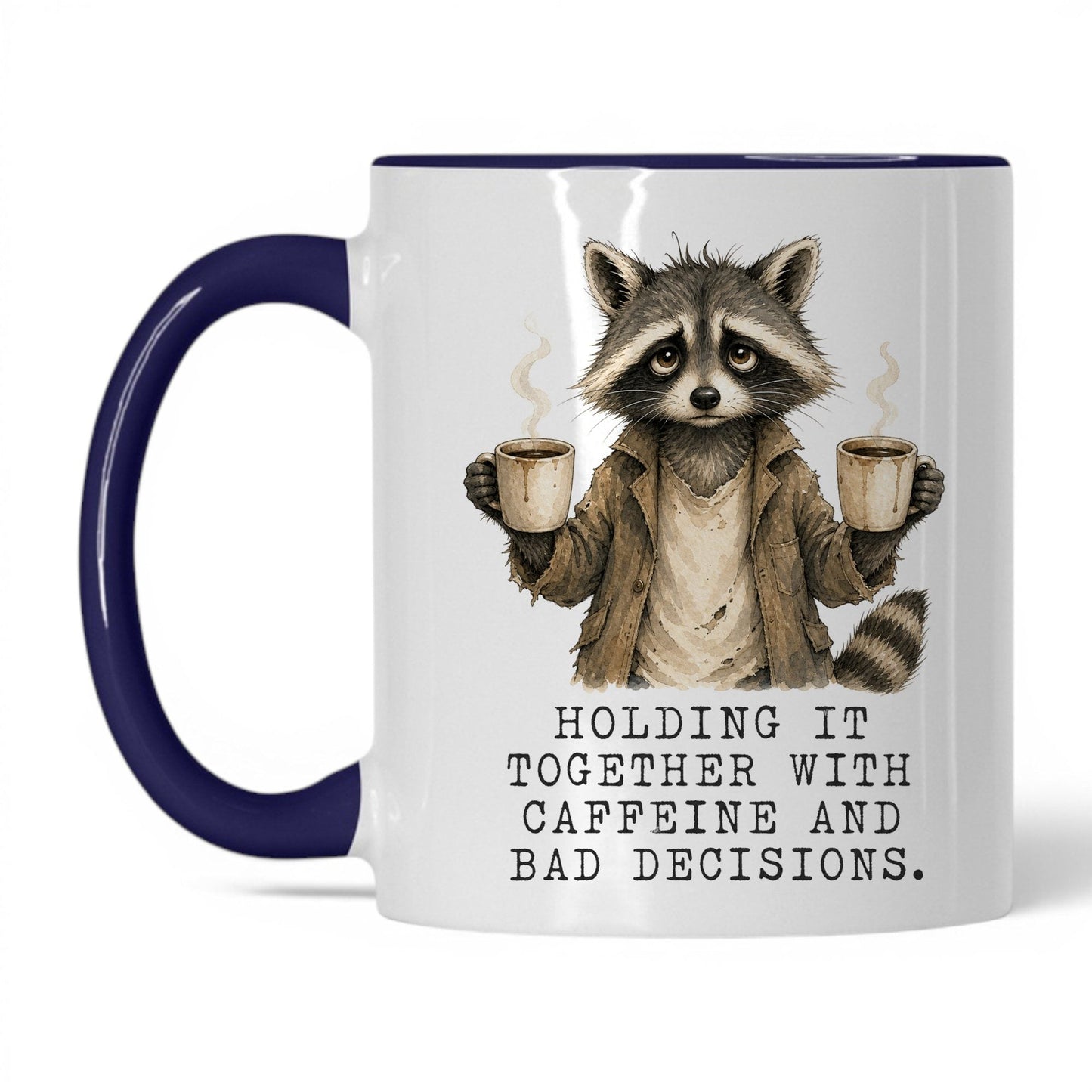 Caffeine and Bad Decisions Raccoon Mug – 11oz White Midnight Blue Mug