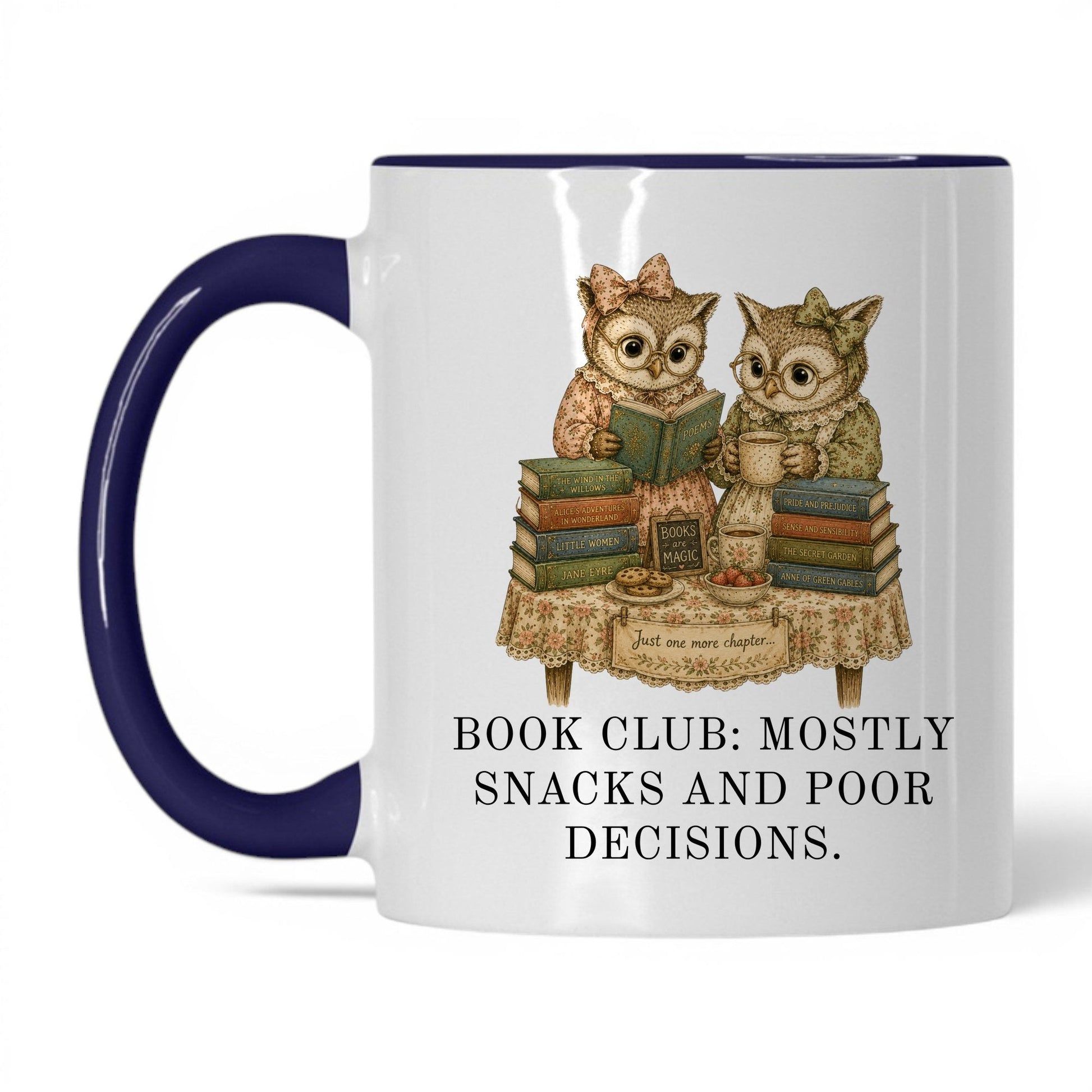 Book Club Snacks And Poor Decisions Mug – 11oz White/Midnight Blue Mug