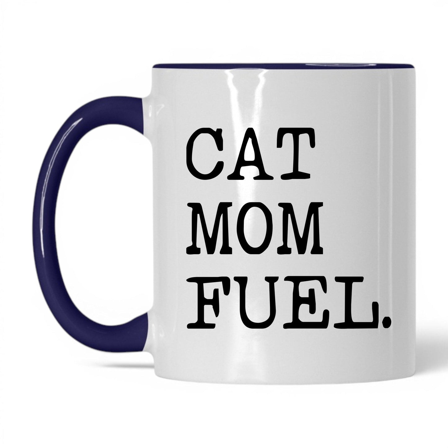 Cat Mom Fuel 11oz white and midnight blue coffee mug