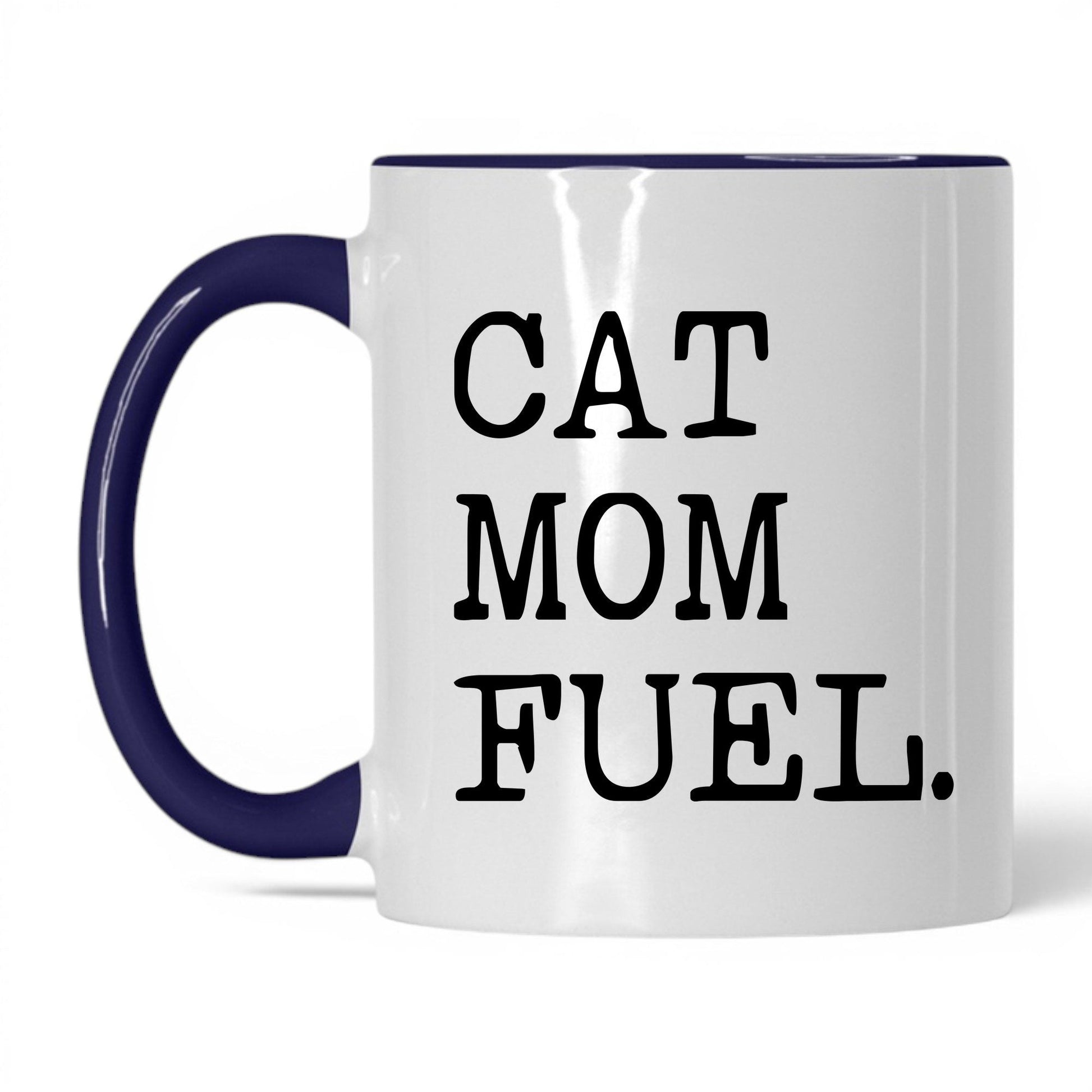 Cat Mom Fuel 11oz white and midnight blue coffee mug