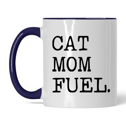 Cat Mom Fuel 11oz white and midnight blue coffee mug