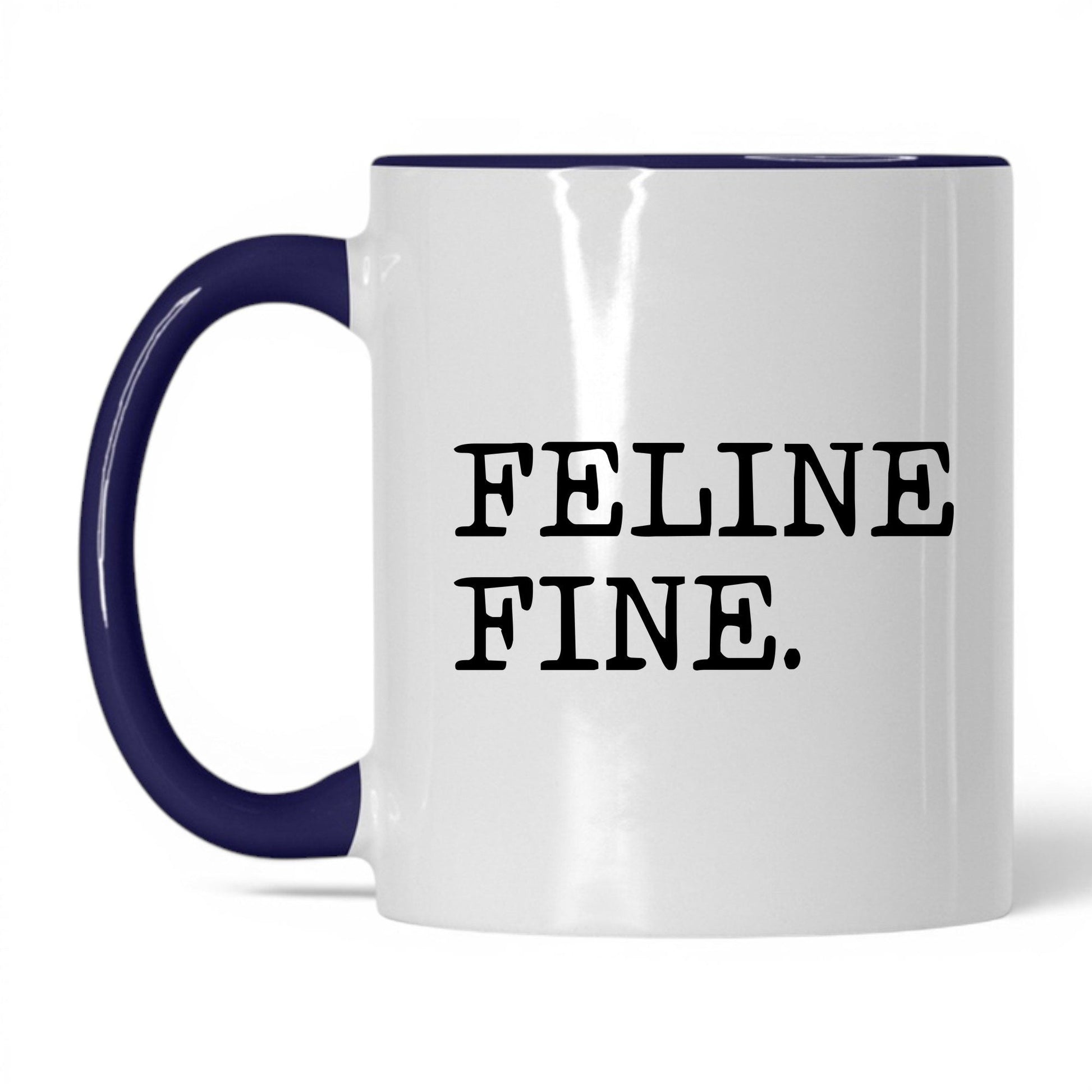Feline Fine 11oz white and midnight blue coffee mug