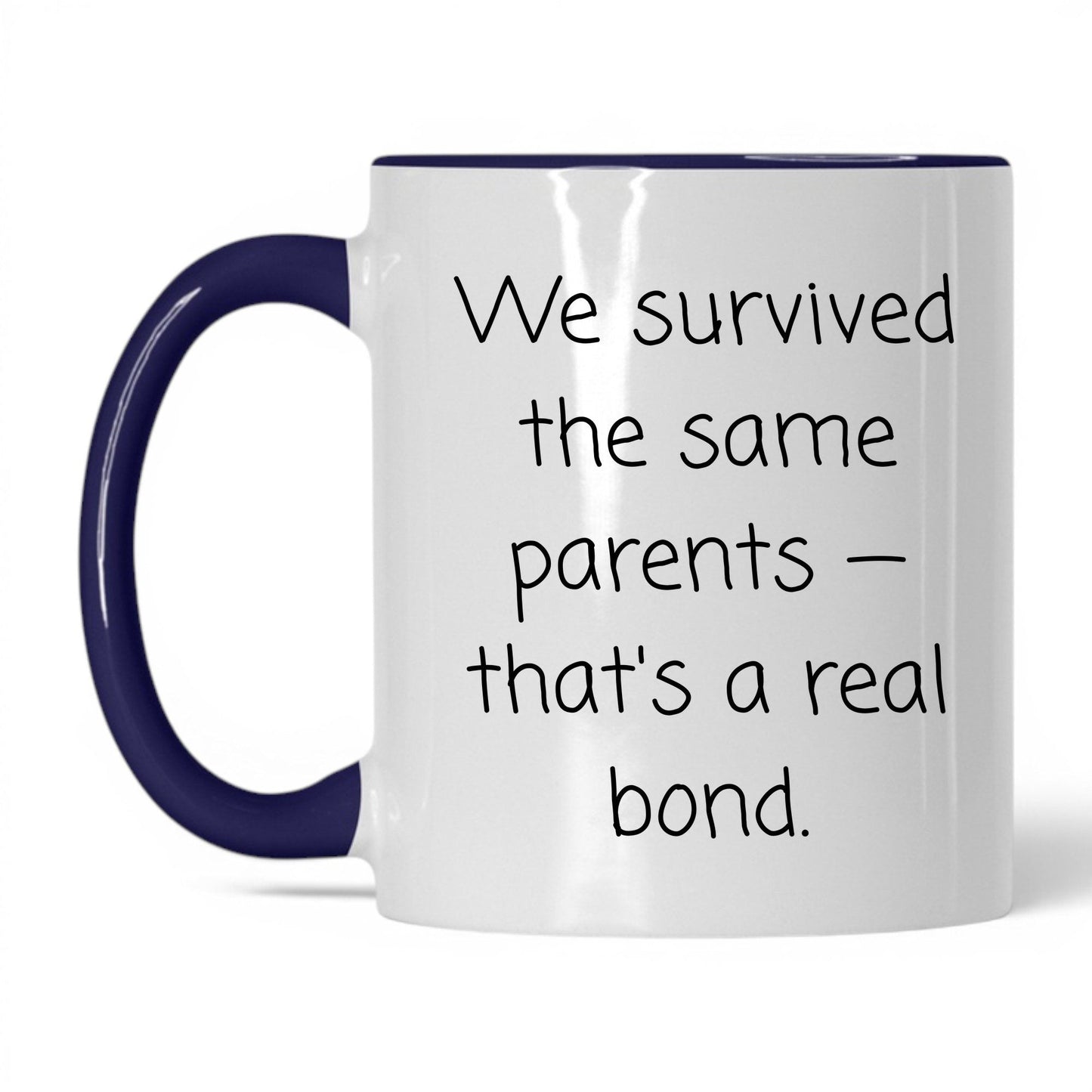 We Survived the Same Parents Mug – 11oz White/Midnight Blue Mug