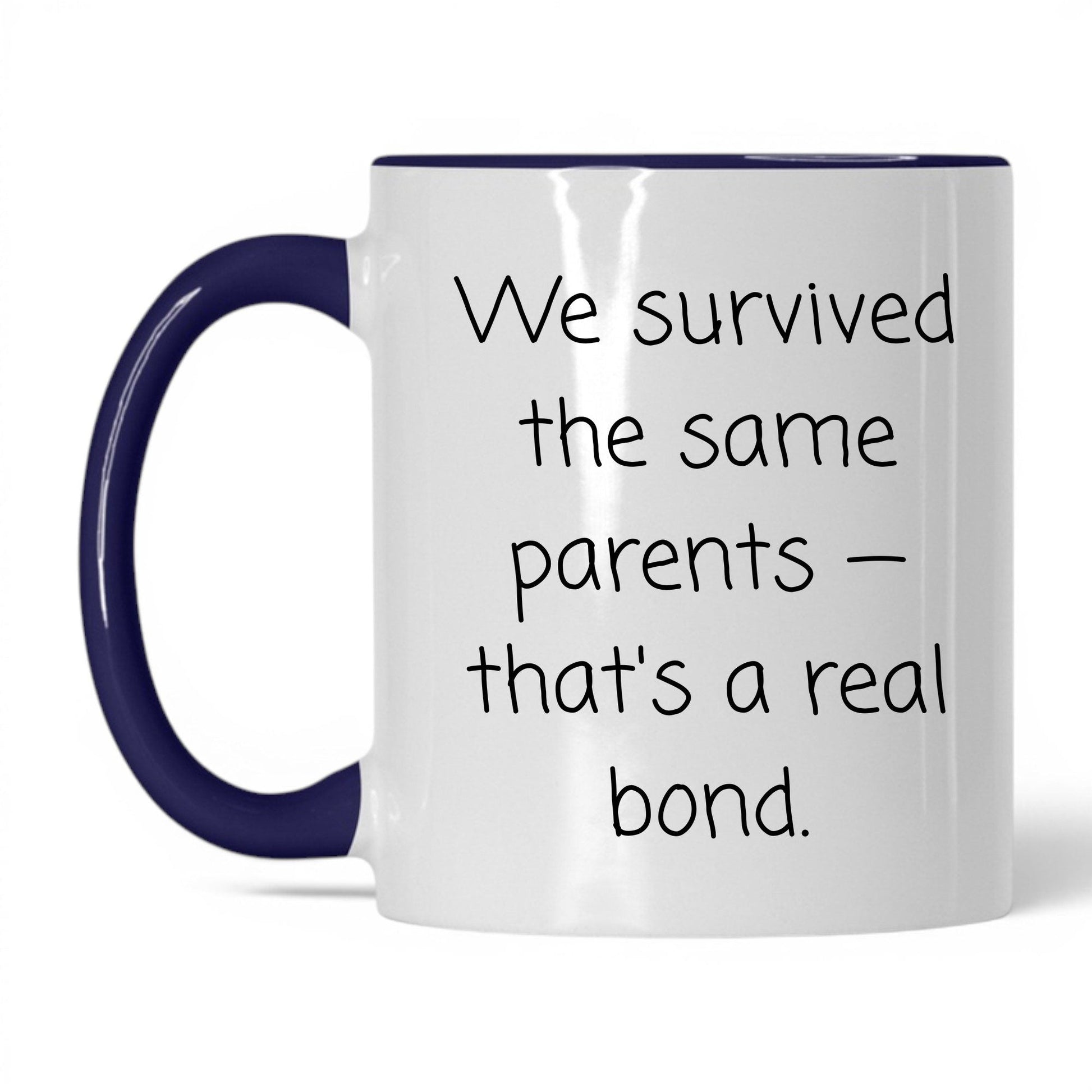 We Survived the Same Parents Mug – 11oz White/Midnight Blue Mug