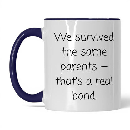 We Survived the Same Parents Mug – 11oz White/Midnight Blue Mug