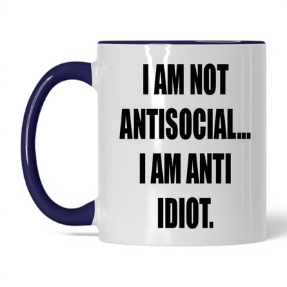 Anti-Idiot Not Antisocial Mug – 11oz White/Midnight Blue Mug