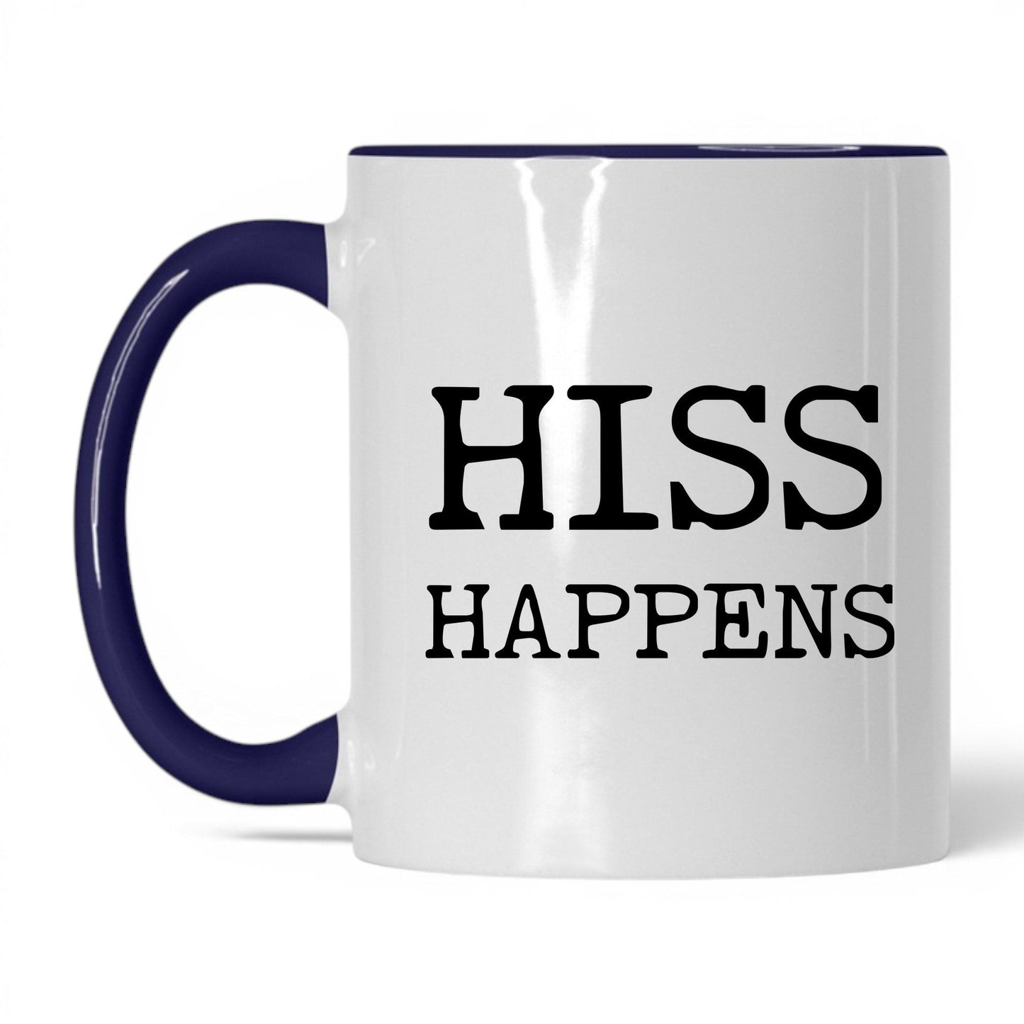 Hiss Happens 11oz white and midnight blue coffee mug