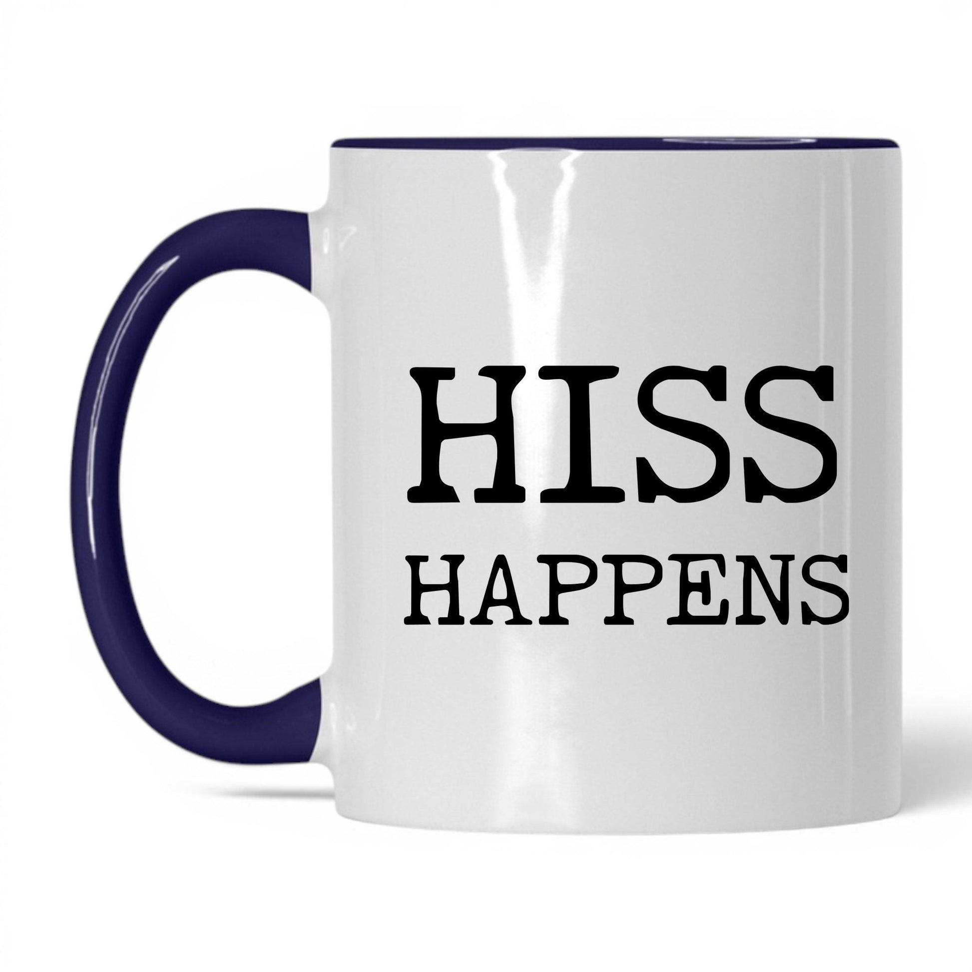 Hiss Happens 11oz white and midnight blue coffee mug
