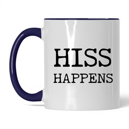Hiss Happens 11oz white and midnight blue coffee mug