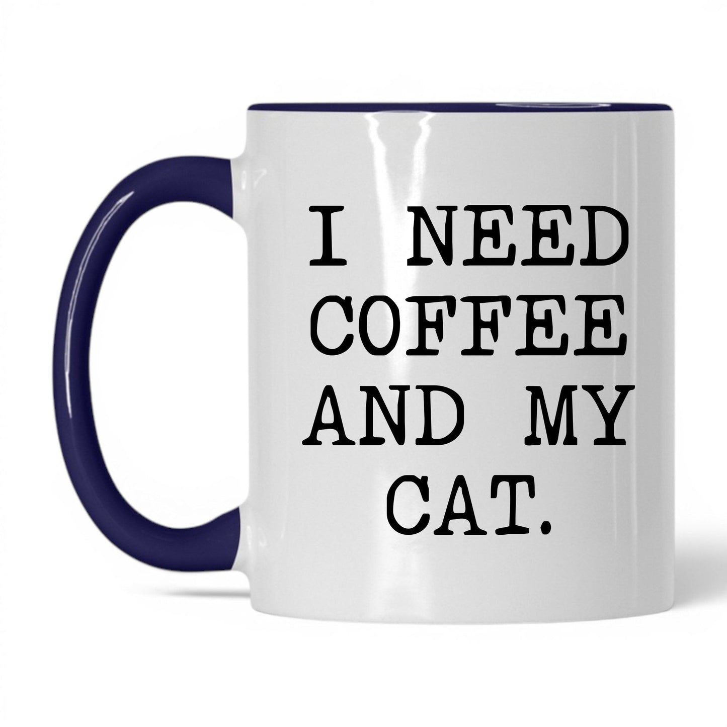 I Need Coffee and My Cat 11oz white and midnight blue coffee mug