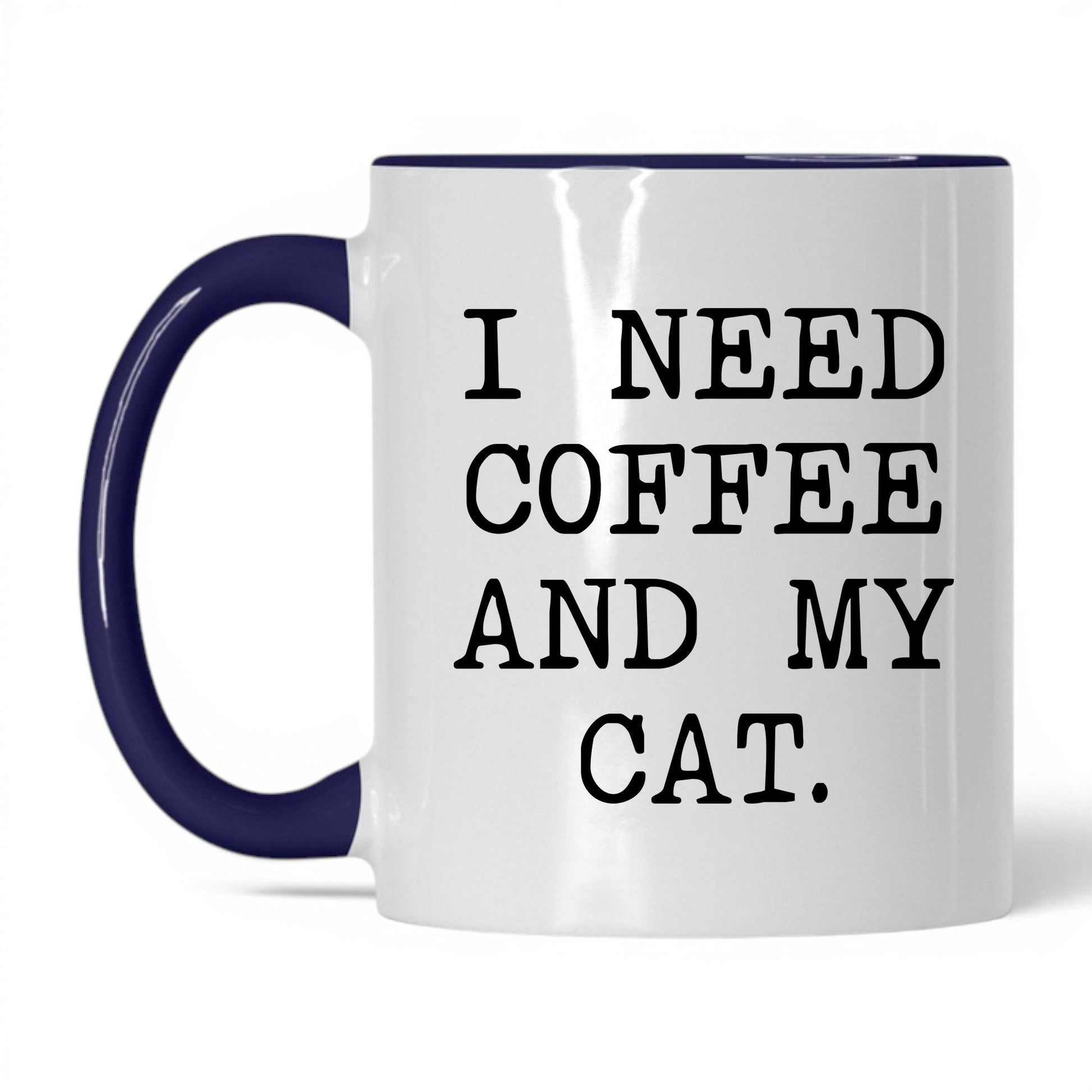 I Need Coffee and My Cat 11oz white and midnight blue coffee mug