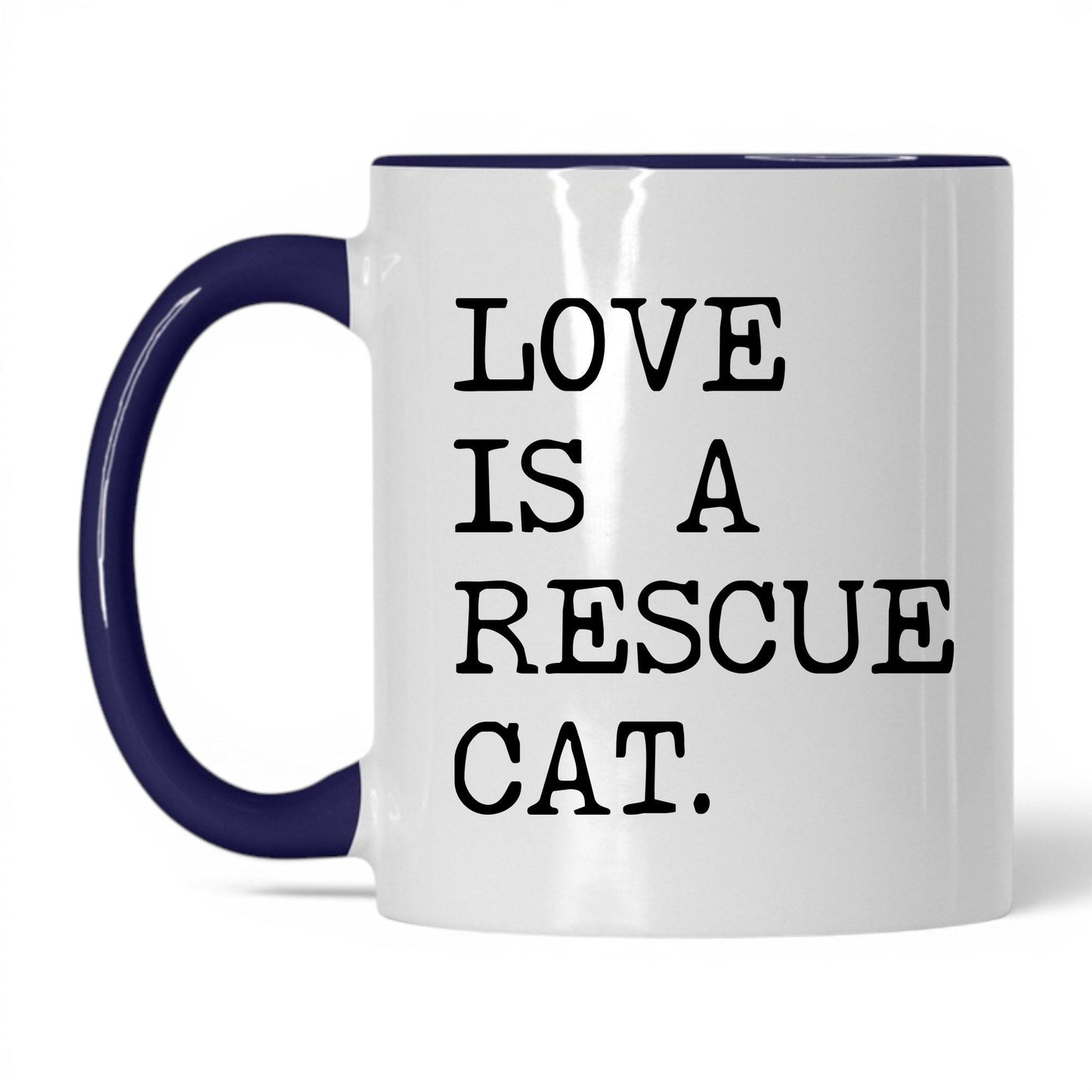 Love Is a Rescue Cat 11oz white and midnight blue coffee mug