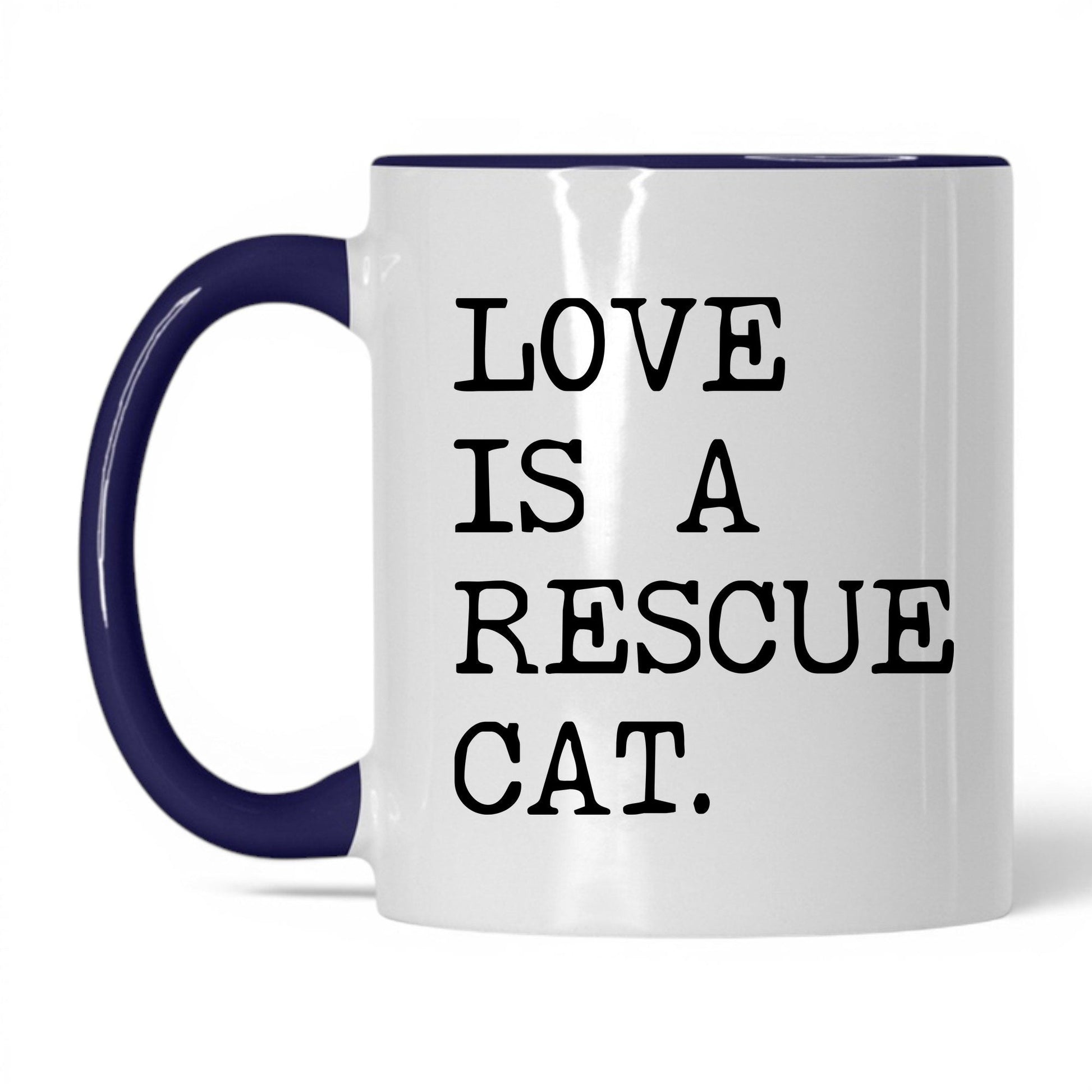 Love Is a Rescue Cat 11oz white and midnight blue coffee mug