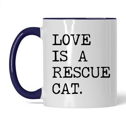 Love Is a Rescue Cat 11oz white and midnight blue coffee mug
