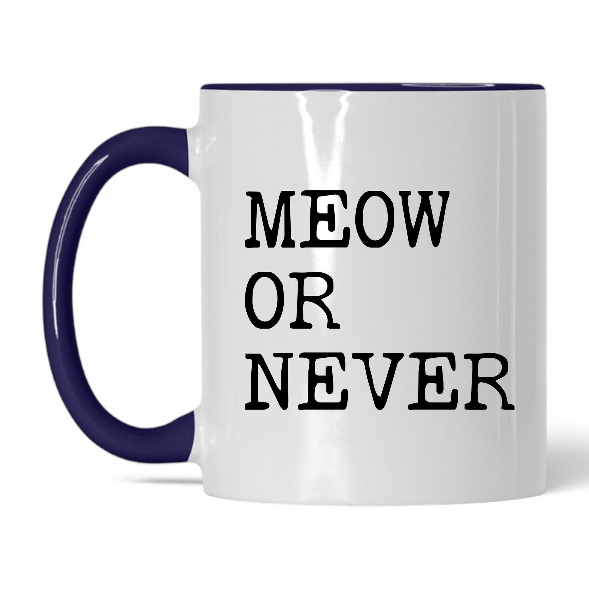 Meow or Never 11oz white and midnight blue coffee mug