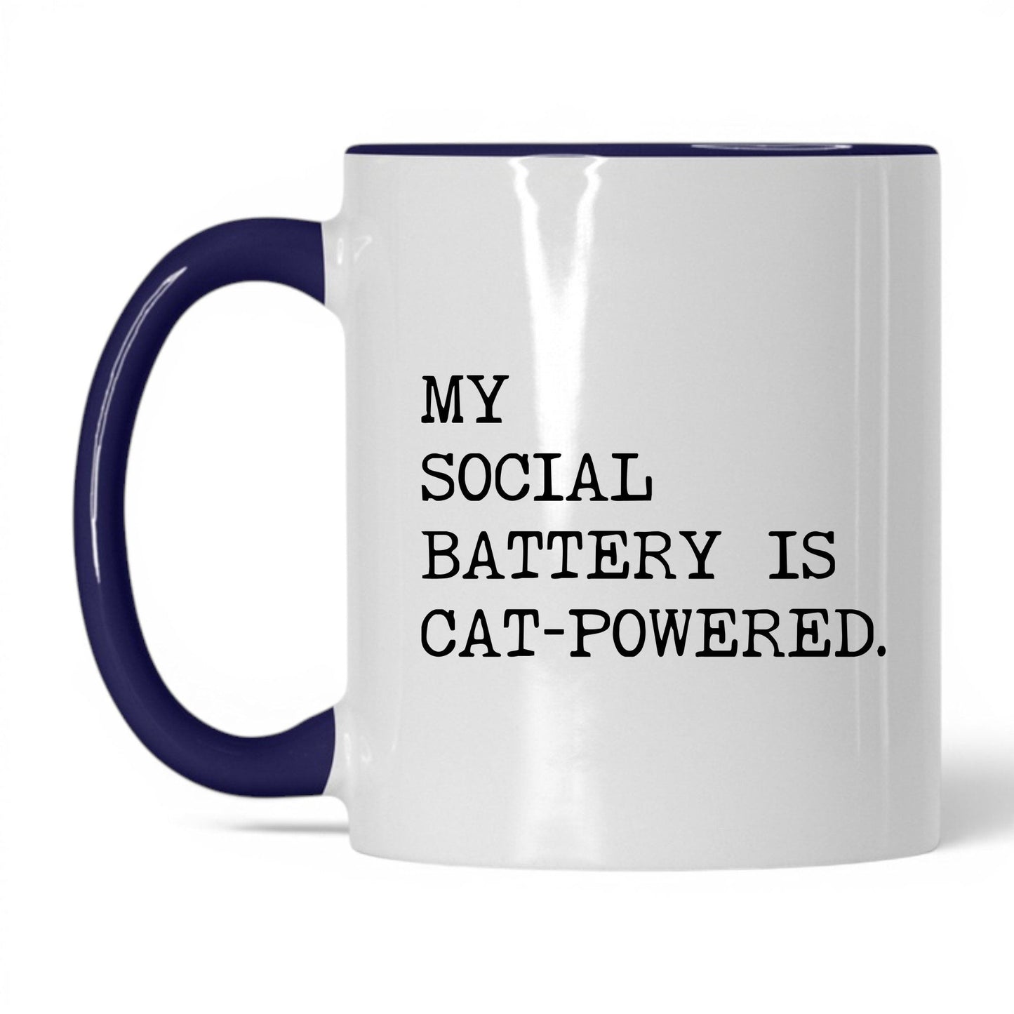 My Social Battery Is Cat-Powered 11oz white and midnight blue coffee mug