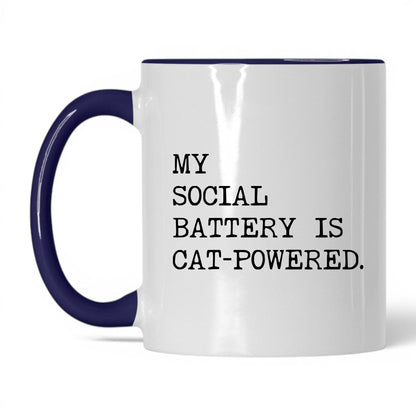 My Social Battery Is Cat-Powered 11oz white and midnight blue coffee mug