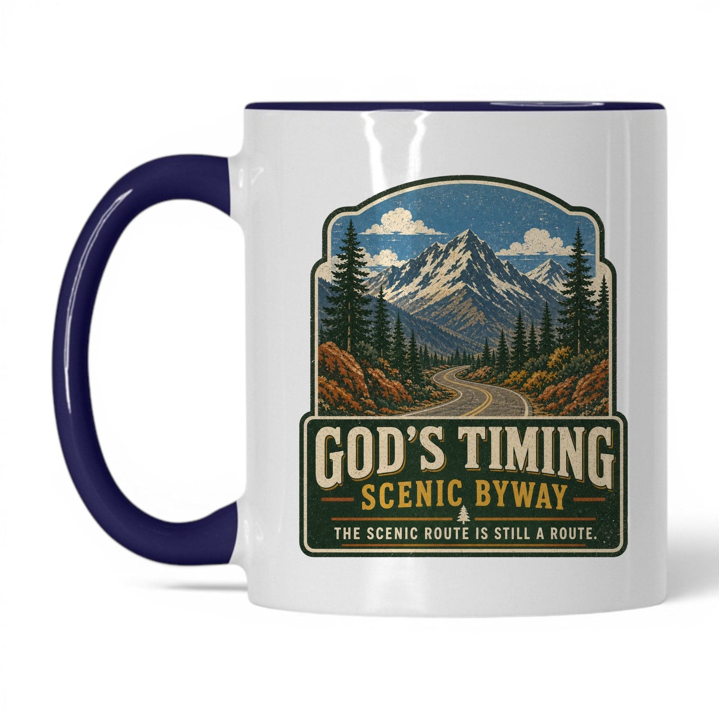 God's Timing Scenic Byway Mug – 11oz White/Midnight Blue Mug