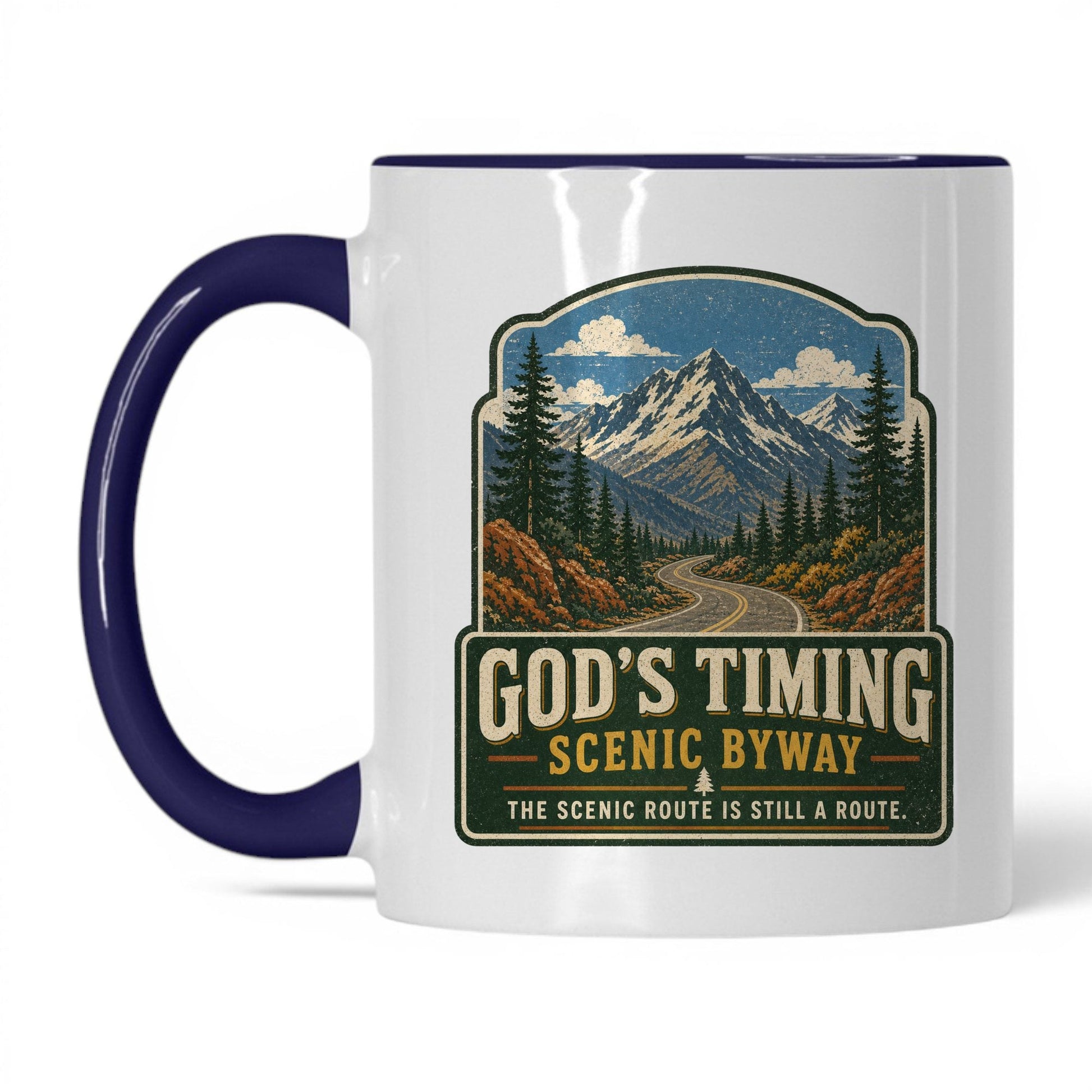 God's Timing Scenic Byway Mug – 11oz White/Midnight Blue Mug
